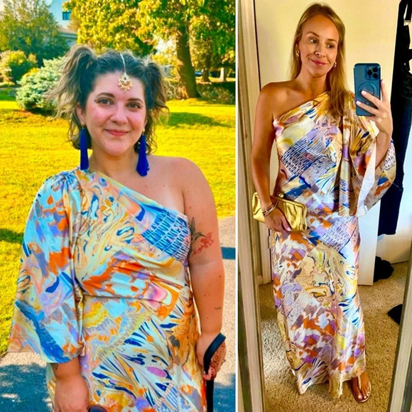 Anthropologie Dresses & Skirts - Mandira Wirk Painted One Shoulder Satin Printed Maxi Kaftan Dress Large Yellow